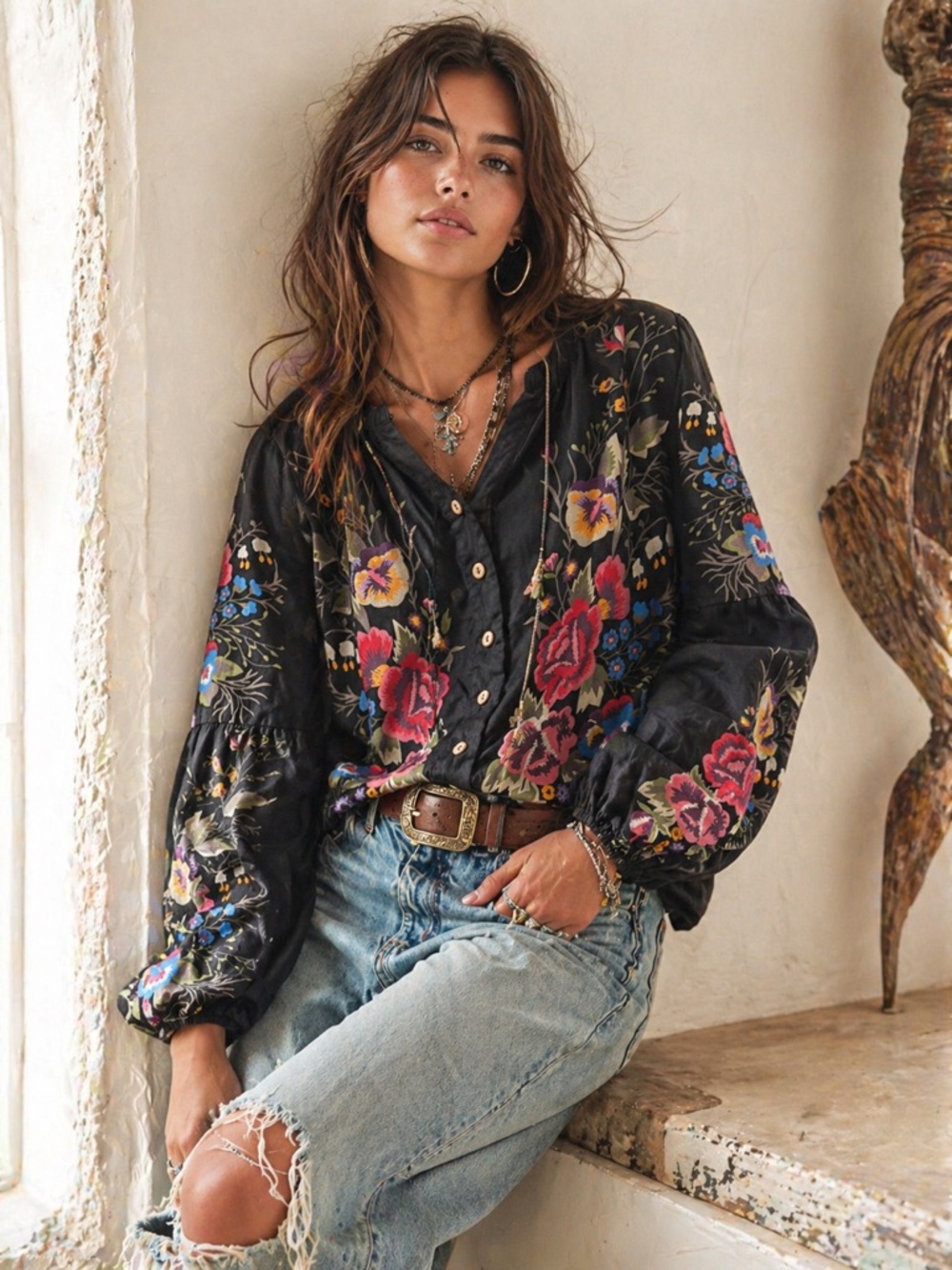 Black Wooden Buttons V-neck long-sleeve loose Floral Print Peasant Boho Blouse
